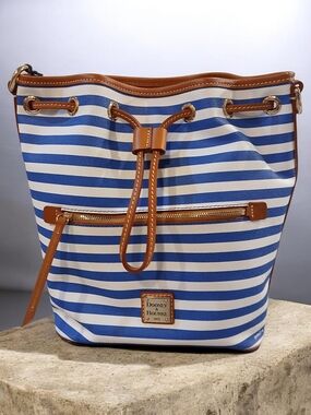 Dooney & Bourke Blue and White Stripe Drawstring Bucket Bag